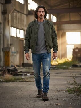 Olive Green Bomber Jacket Men Large MA-1 Flight Zip Sleeve Streetwear